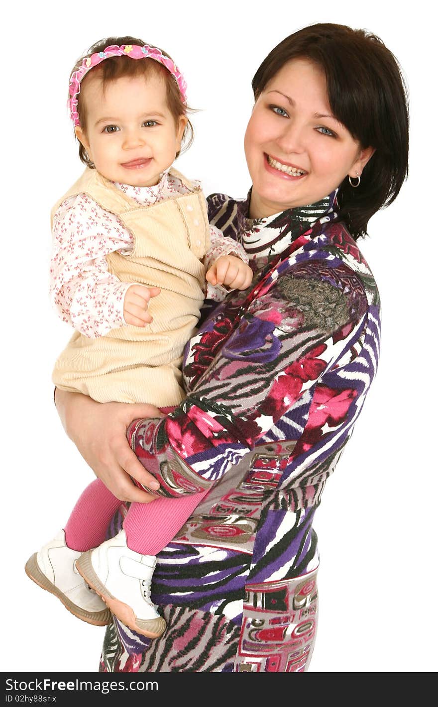 Happy mother with little daughter on white background