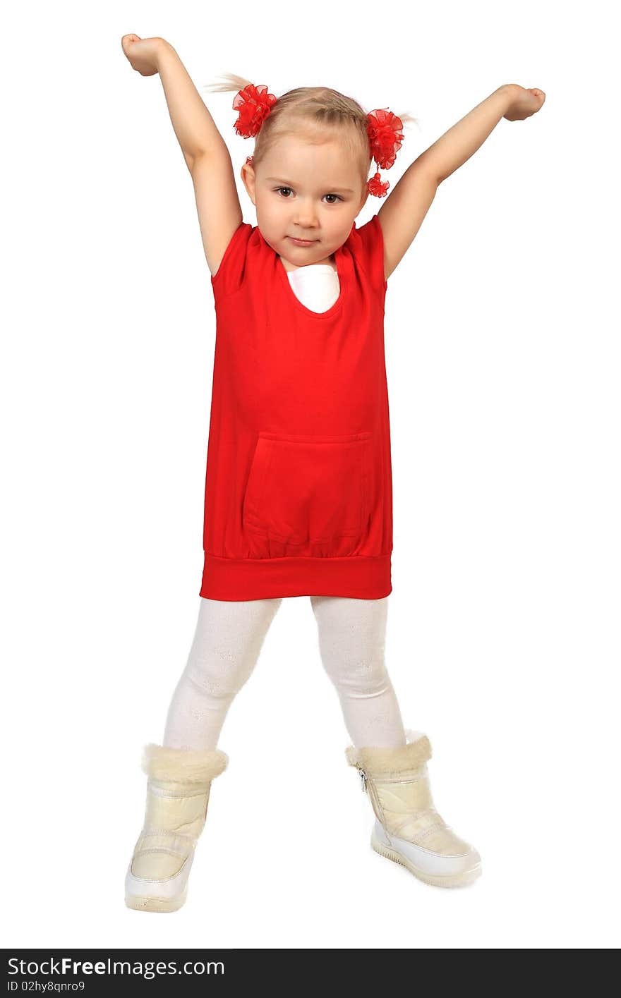 Little funny girl in red dress on white background