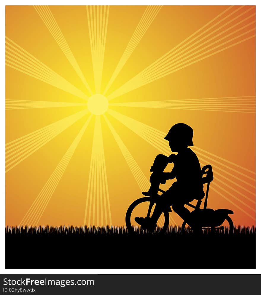 Illustration of a silhouette of a boy. He sits on the bike. Above it, the sun shines brightly. Illustration of a silhouette of a boy. He sits on the bike. Above it, the sun shines brightly.