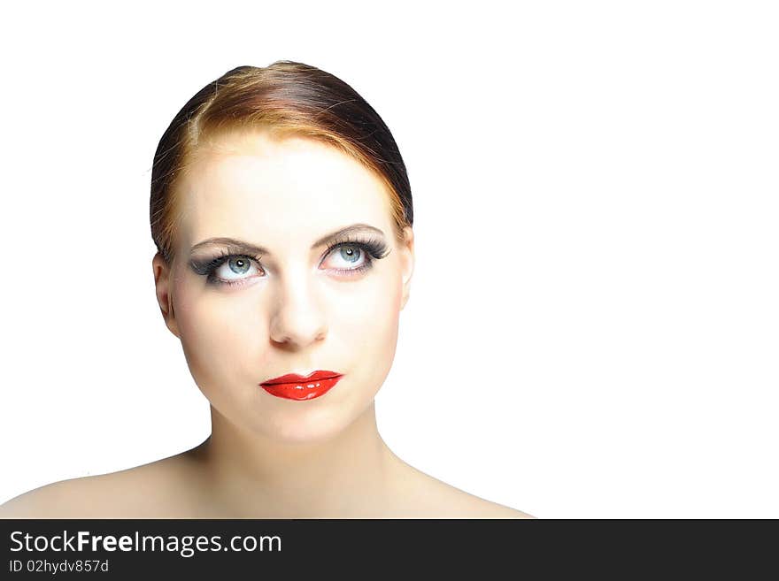 Young beauty female face with red shiny lips