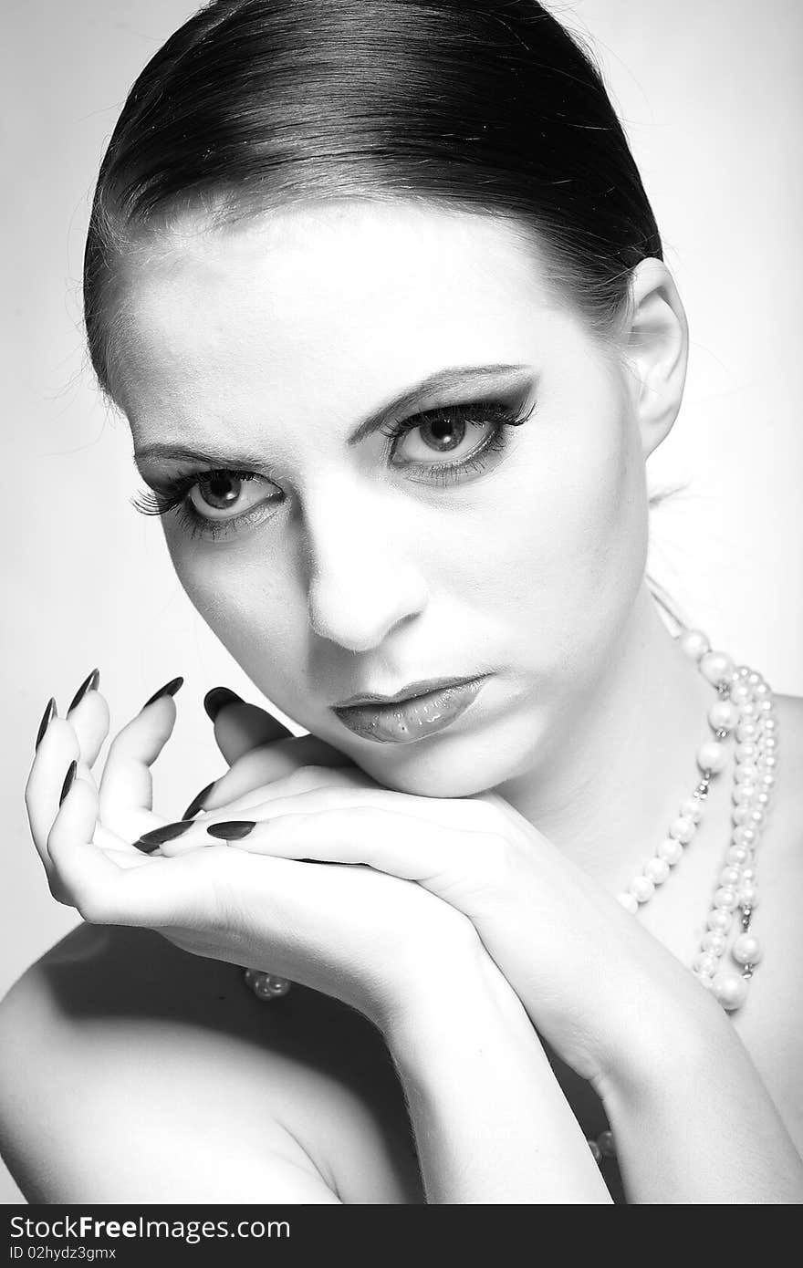 B/w Portrait of fashion woman with red lips in black dress. B/w Portrait of fashion woman with red lips in black dress