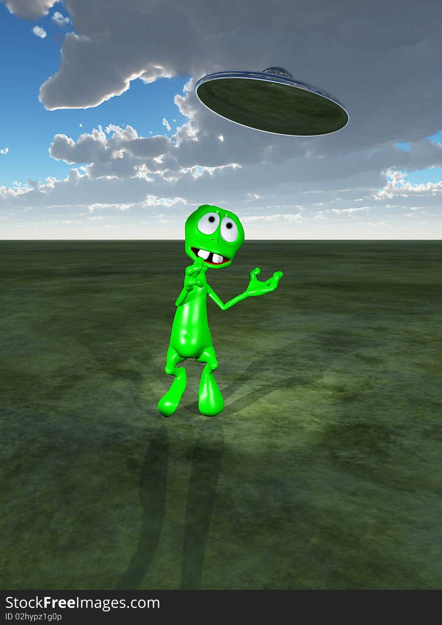 A little green alien with a UFO flying overhead. A little green alien with a UFO flying overhead