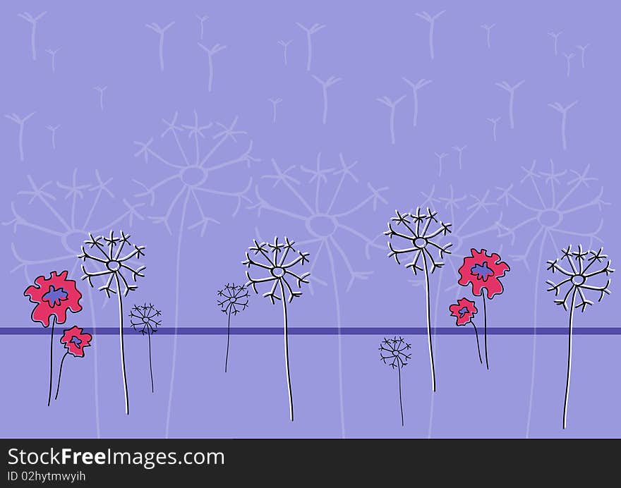 Dandelions and red flowers on purple background