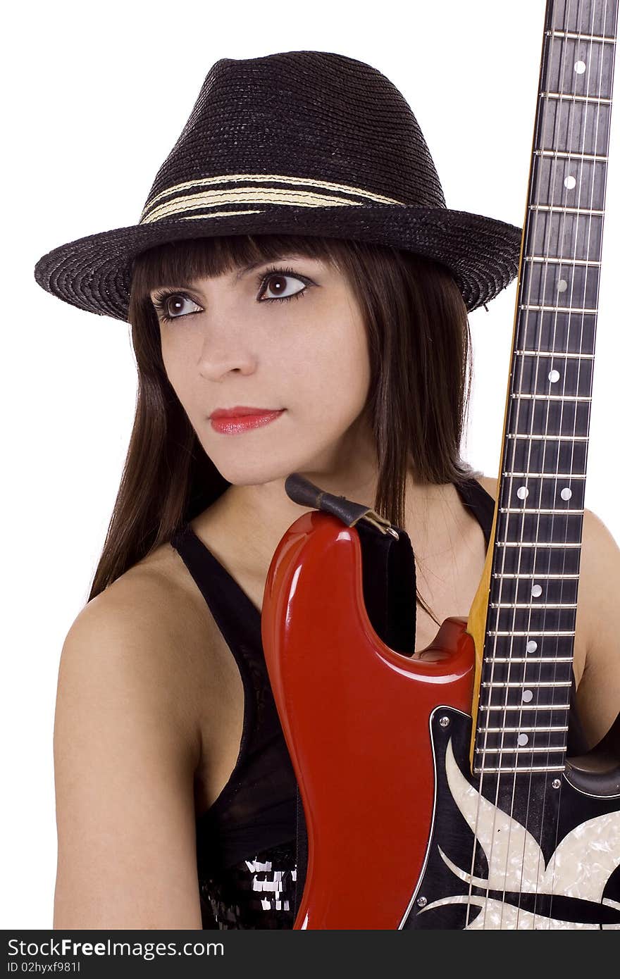 Woman with black hat and red guitar. Woman with black hat and red guitar