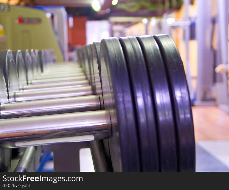 Weights arranged by size on metal holder in gym