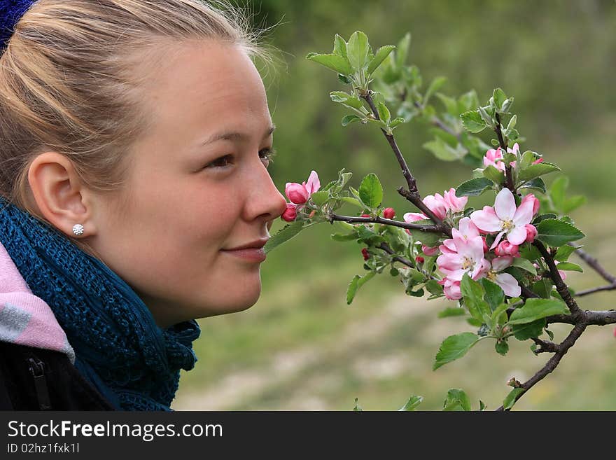 A beautiful blond girl smell the apple tree flowers