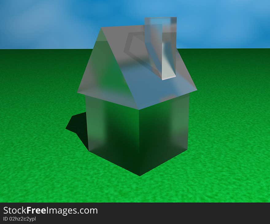 3d illustration of a glass house on a lawn with a blue sky and clouds in the background