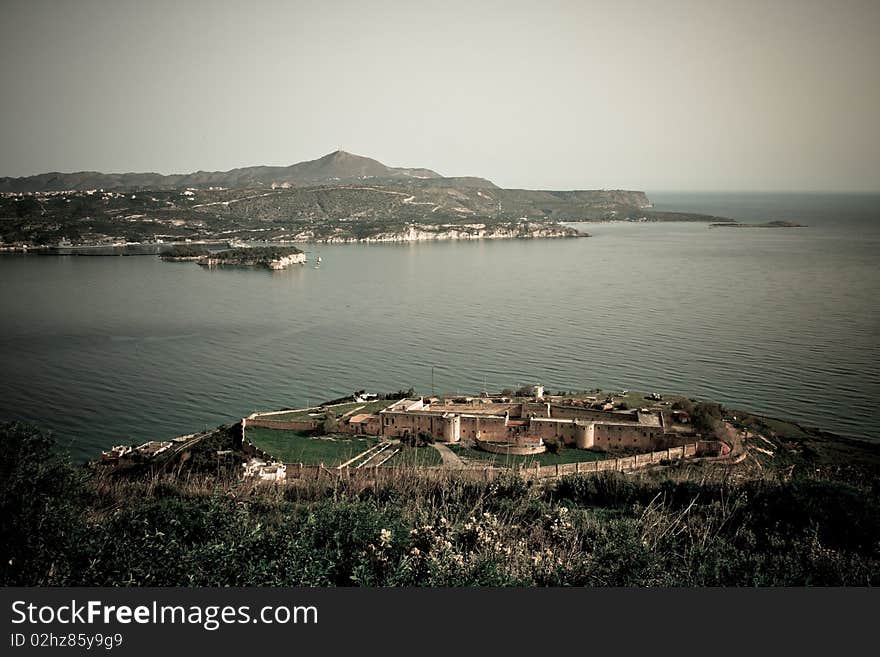 Intzendin Fortress seen from Koulos Fortress in Crete, Greece