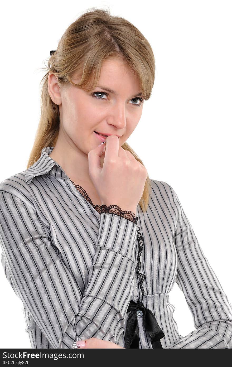 Portrait of reflecting young woman smiling over white background