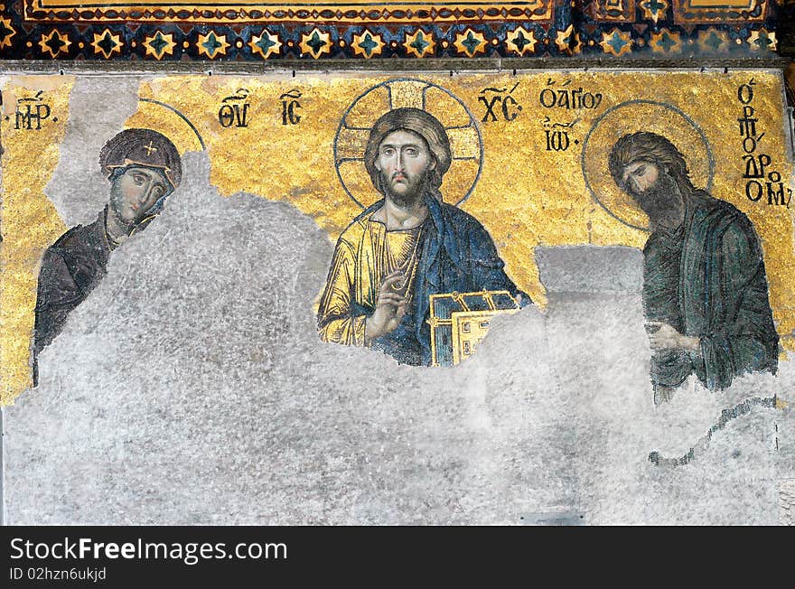 Christ Pantrocrator flanked by the Virgin Mary and John the Baptist, mosaic from the Hagia Sophia church, Istanbul, Turkey. Christ Pantrocrator flanked by the Virgin Mary and John the Baptist, mosaic from the Hagia Sophia church, Istanbul, Turkey