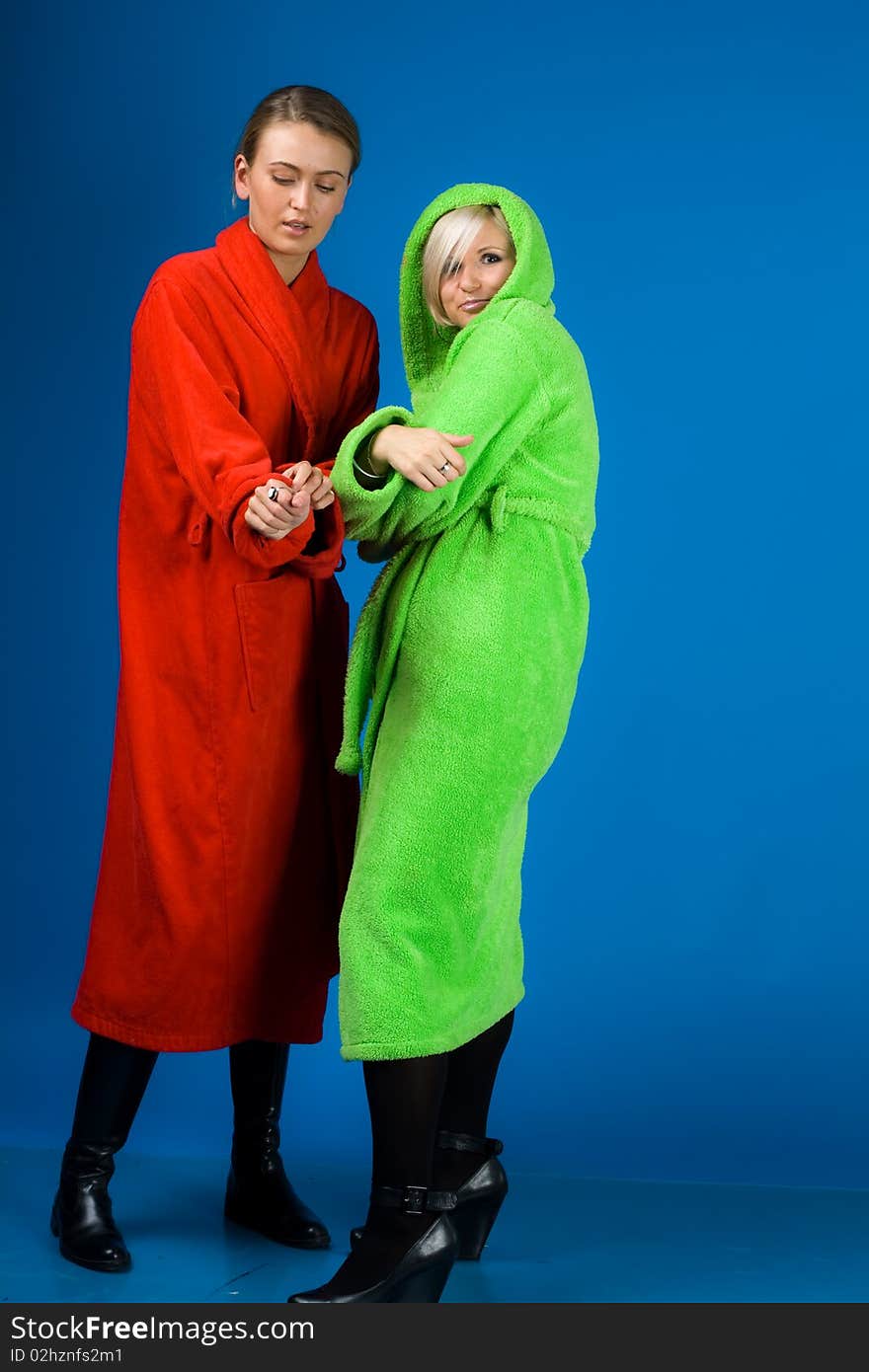 Two Happy Friends Girl In Bathrobes