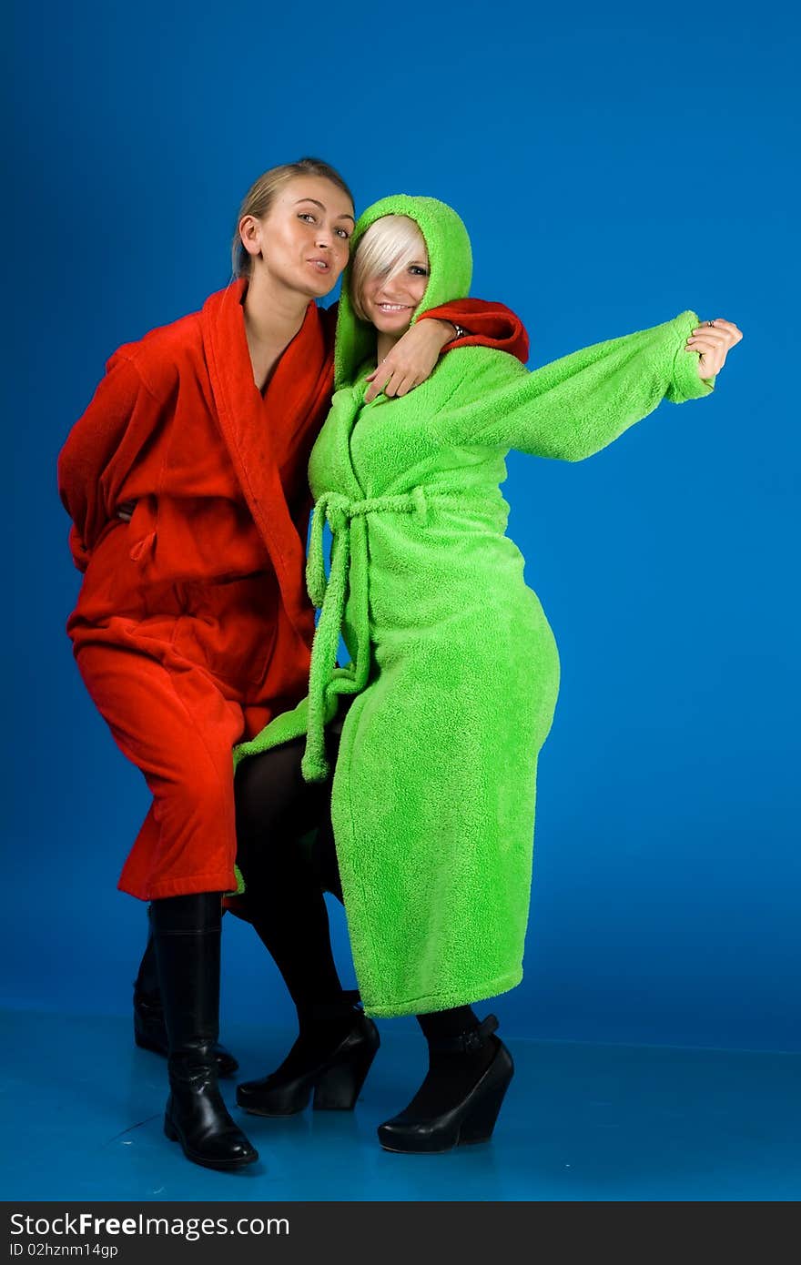 Two Happy Friends Girl In Bathrobes