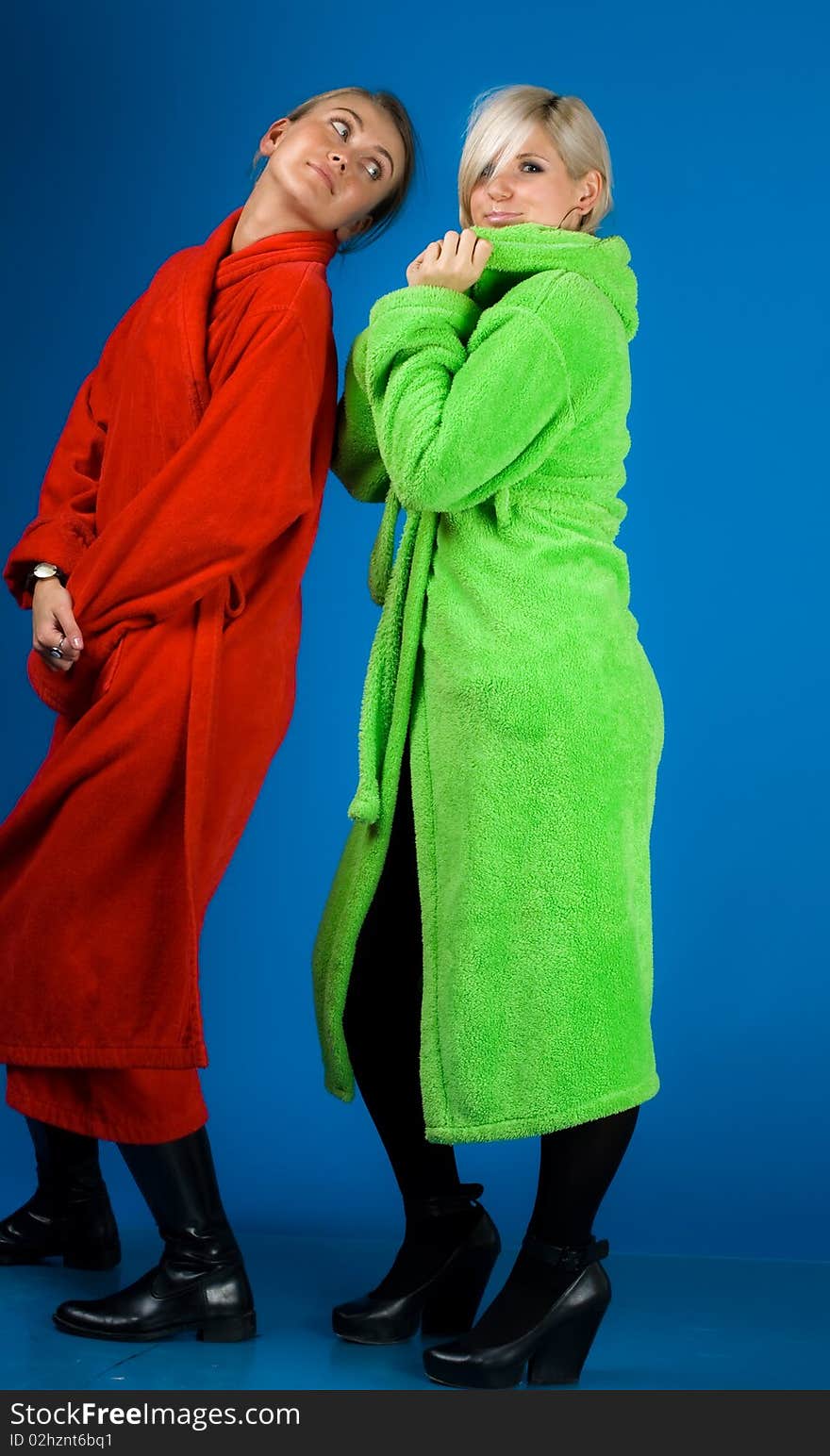 Two Happy Friends Girl In Bathrobes