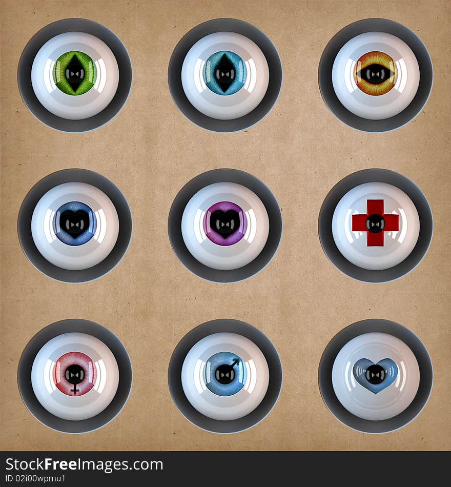 9 fantastic eyes with different contact  lens ( love, sexes, animal simbols)