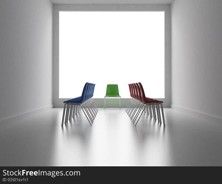 Two groups of colors chairs facing and one chair like a referee. Two groups of colors chairs facing and one chair like a referee