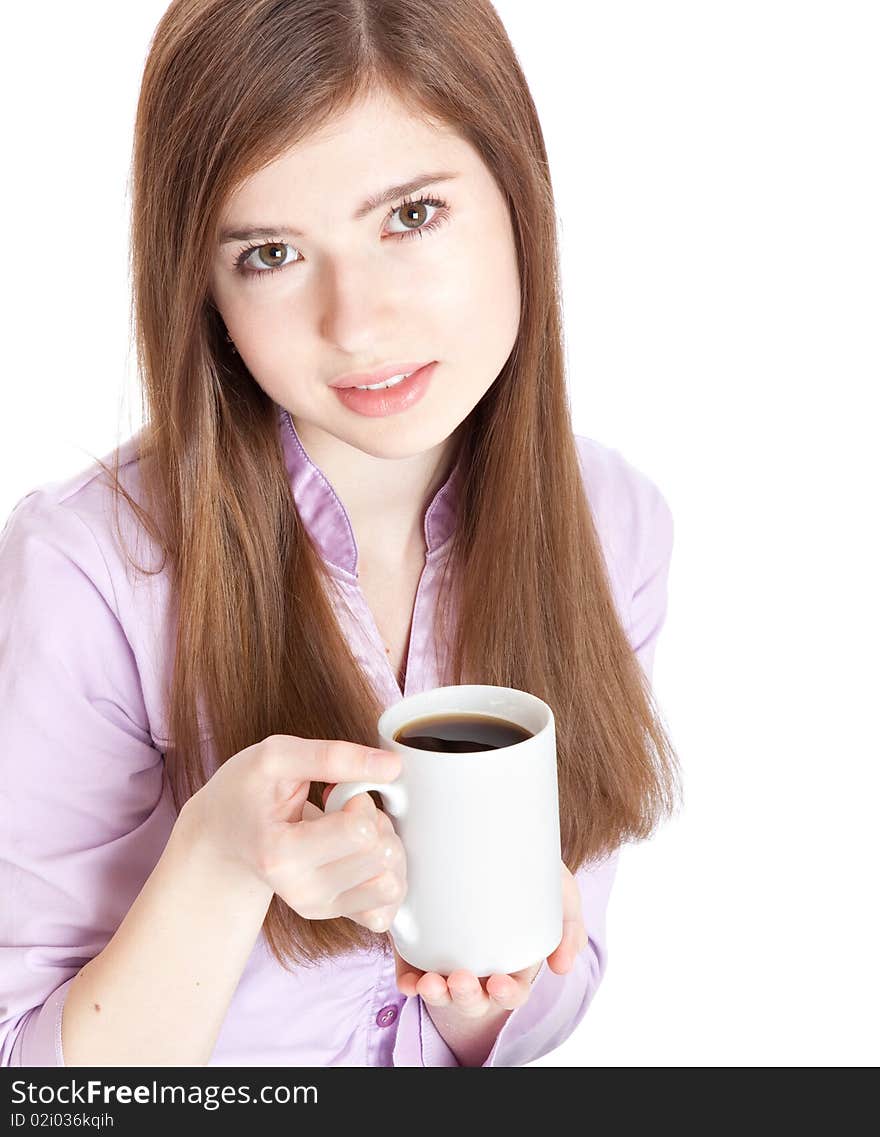 Young girl with mug with coffee. Isolated on white background