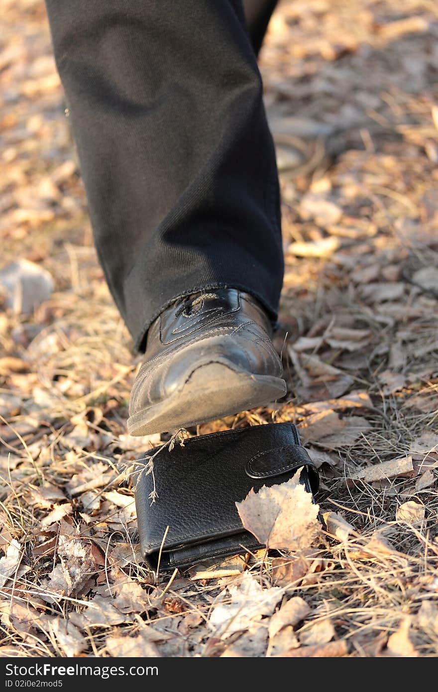 Male foot attacks a wallet against the autumn fallen down leaves. Male foot attacks a wallet against the autumn fallen down leaves