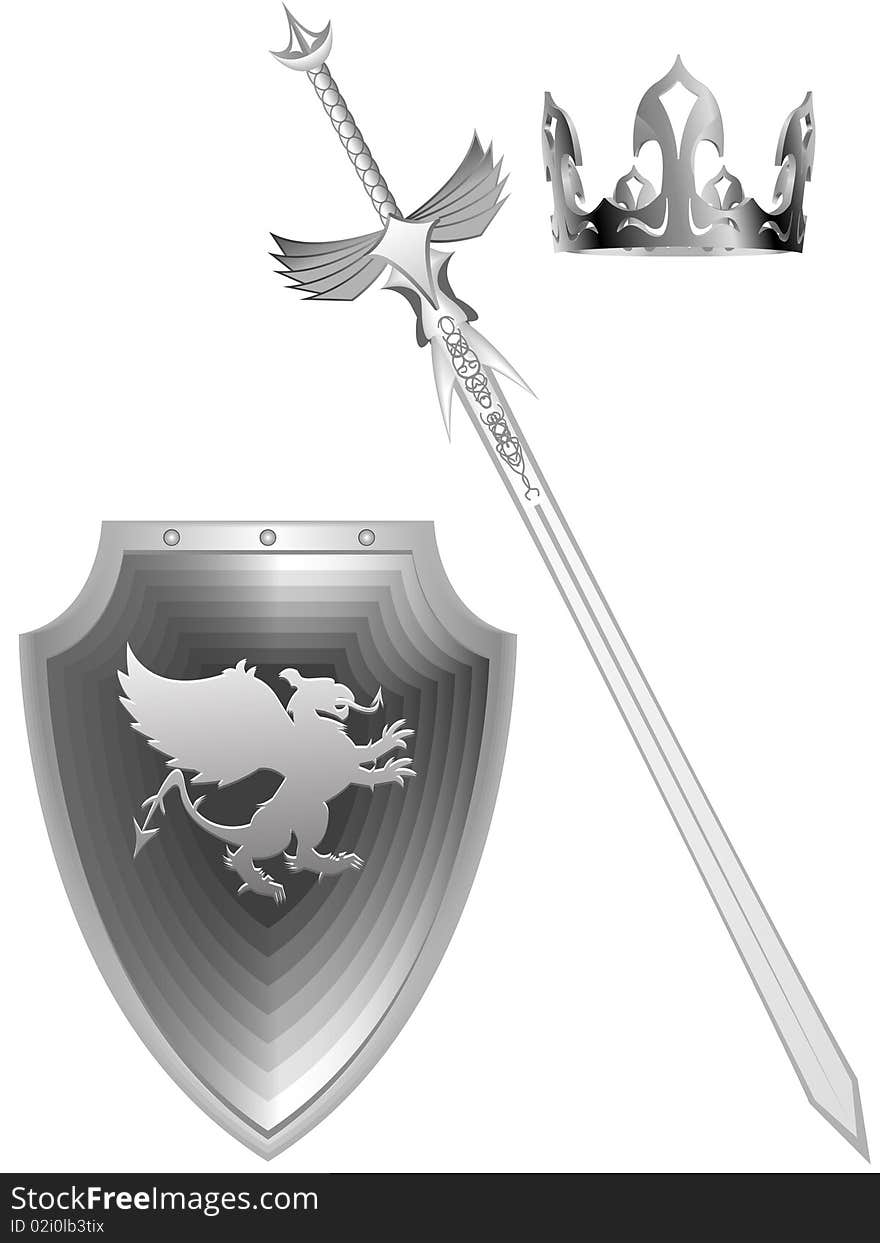 Knightly fantasy a sword a board with a griffin and a royal crown in a . Knightly fantasy a sword a board with a griffin and a royal crown in a