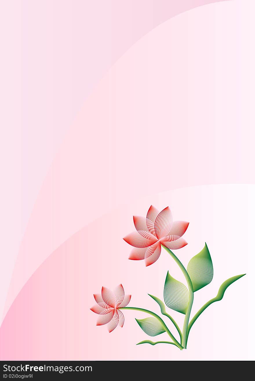 Pink background with red flowers and green leaves. Pink background with red flowers and green leaves