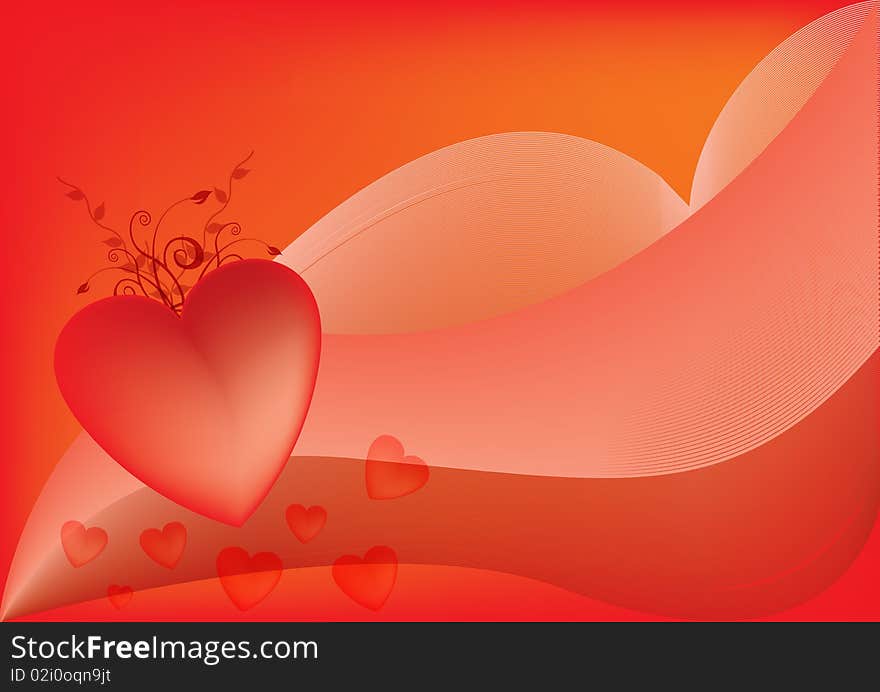 Red abstract background with hearts and swirl. Red abstract background with hearts and swirl