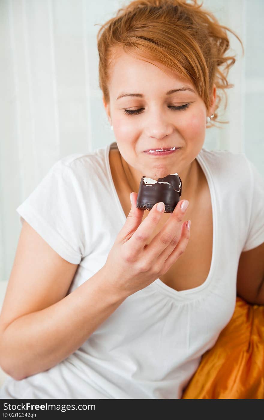 Young, Beauty Girl Eating Chocolate Cake