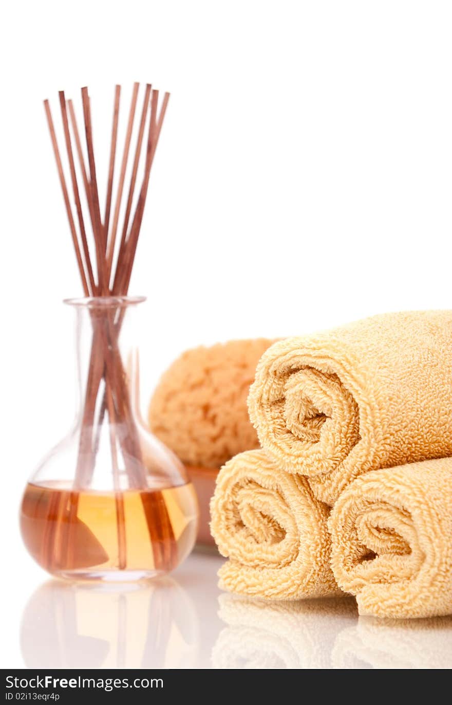 Various spa items on white background