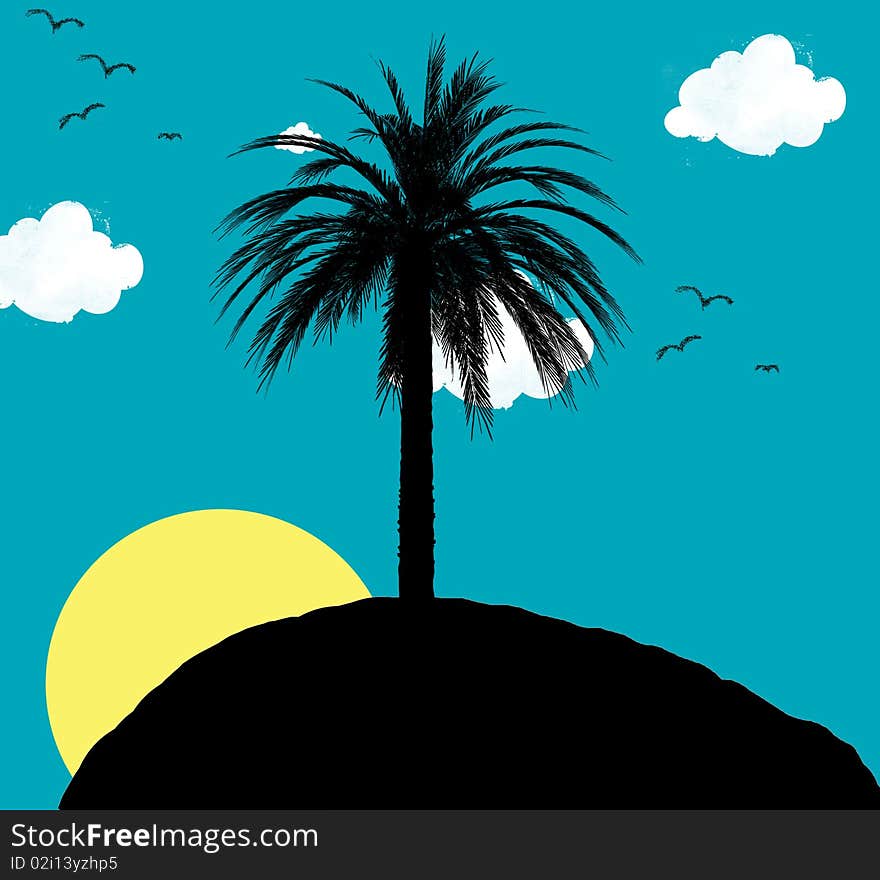 Drawn deserted island with sky background. Drawn deserted island with sky background