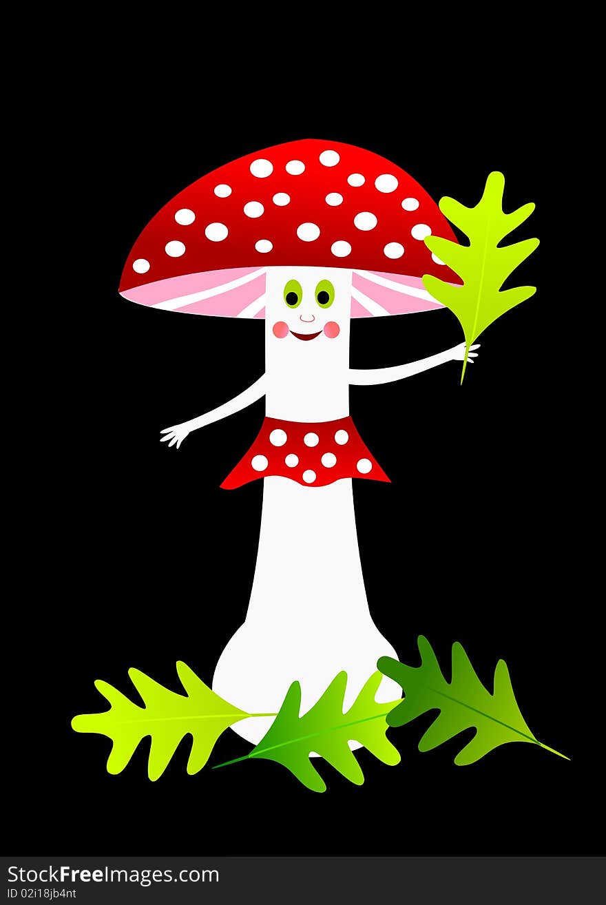 Mushroom red amanita smiling and holding a leaf. Mushroom red amanita smiling and holding a leaf