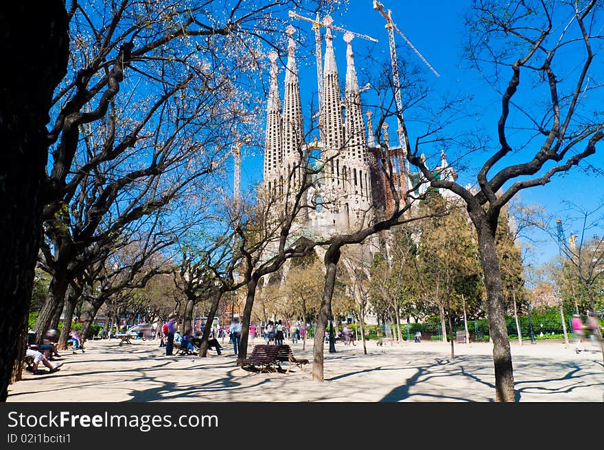 Sagrada familia cathedral in Barcelona on a sunny spring afternoon