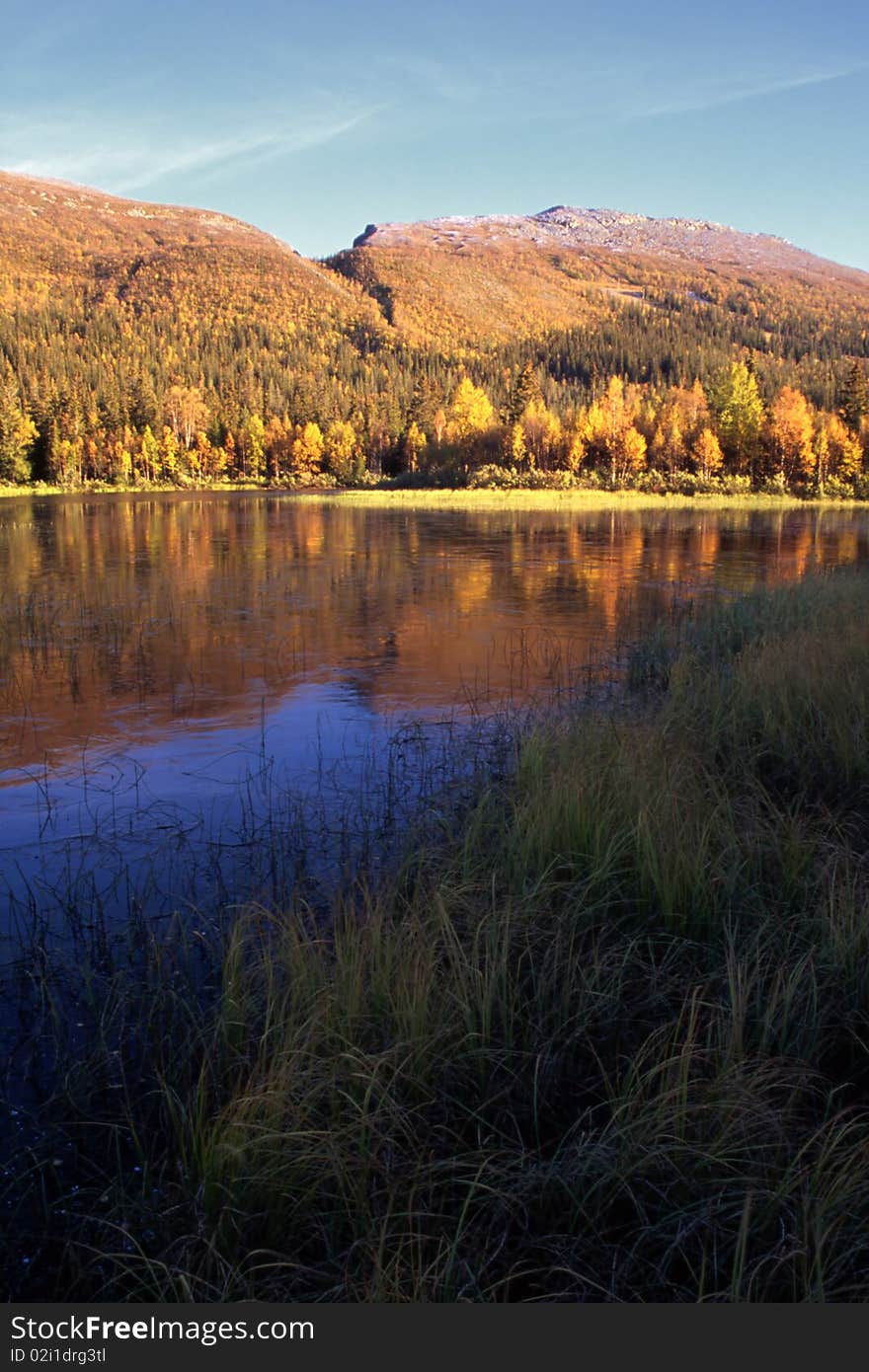 Mountain lake in sunset