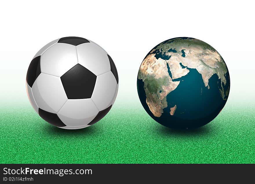 Soccer ball and Earth planet on lawn. Soccer ball and Earth planet on lawn