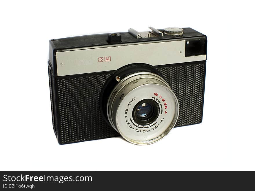 Old russian camera on white background. Old russian camera on white background