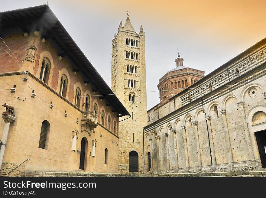 Cathedral, Episcopal Palace and bell tower of Massa Marittima, Tuscany, Italy.