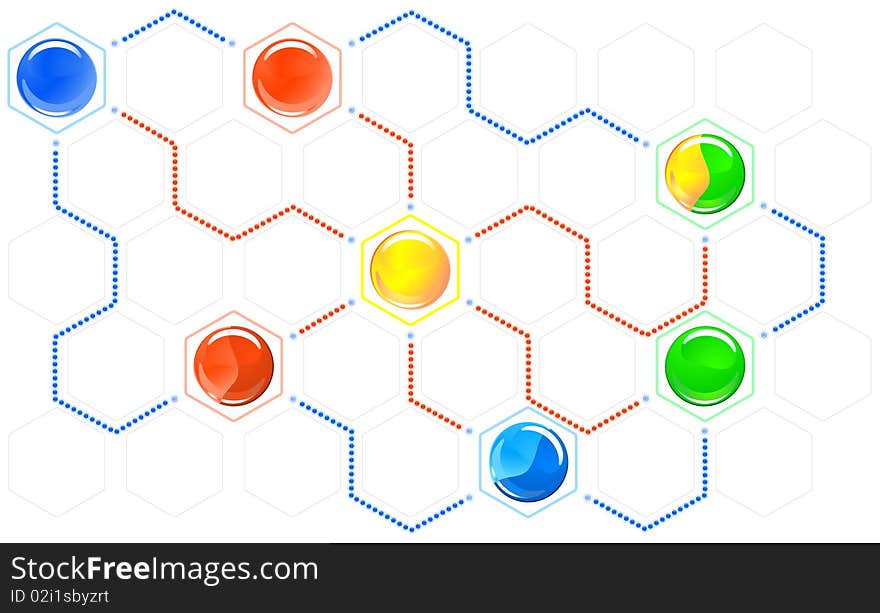 Vector diagram consisting of colored hexagons and dotted tie lines. Vector diagram consisting of colored hexagons and dotted tie lines