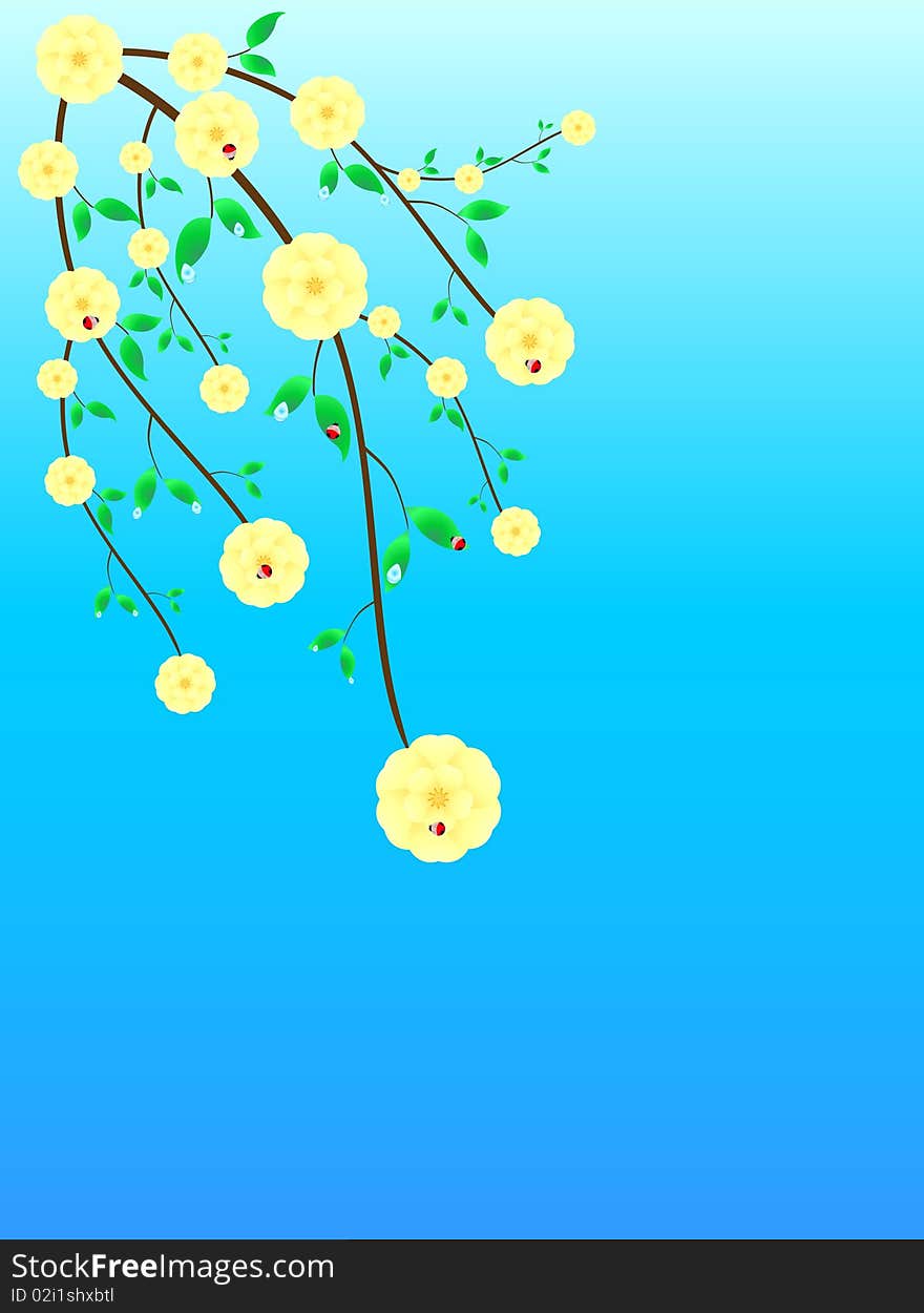 Vector cherries with drops of dew and ladybirds on a blue background. Vector cherries with drops of dew and ladybirds on a blue background