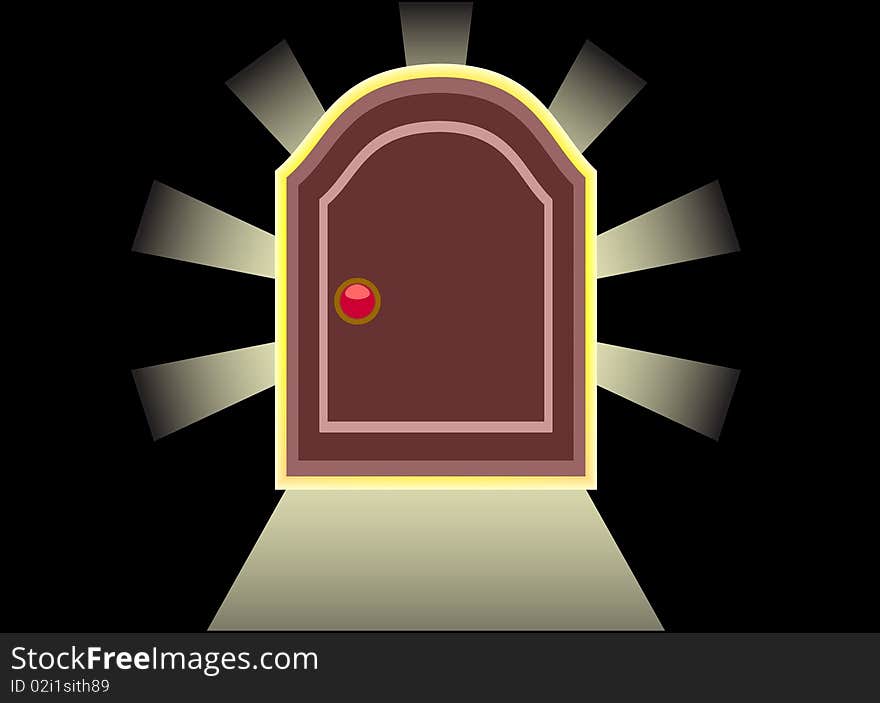 The stylised  door with rays of light executed on a black background. The stylised  door with rays of light executed on a black background