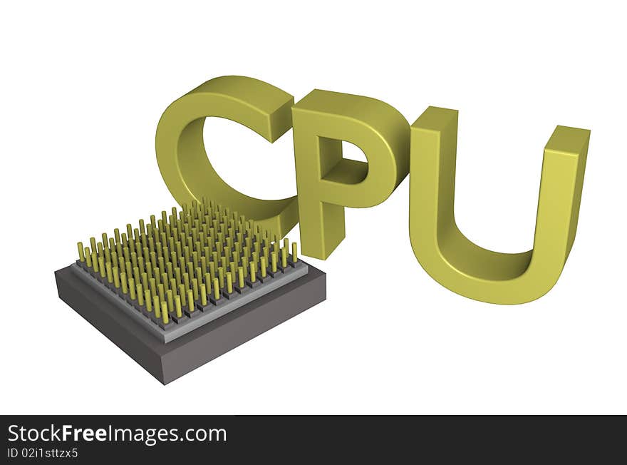 An 3d Cpu in front of CPU Letters. An 3d Cpu in front of CPU Letters