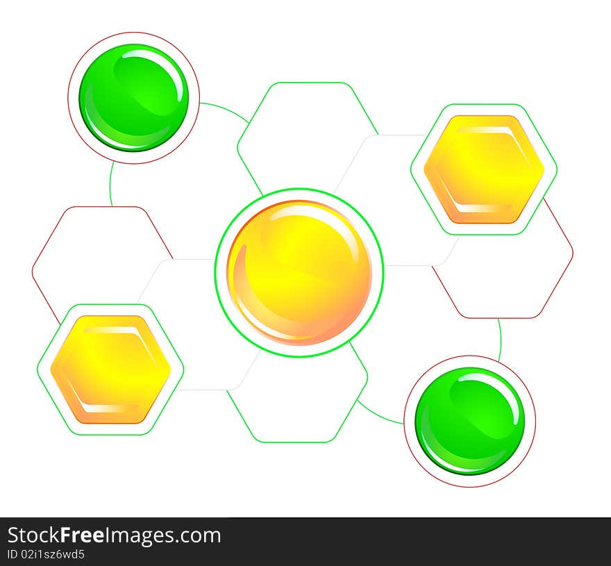 Vector diagram consisting of colored hexagons and tie lines. Vector diagram consisting of colored hexagons and tie lines