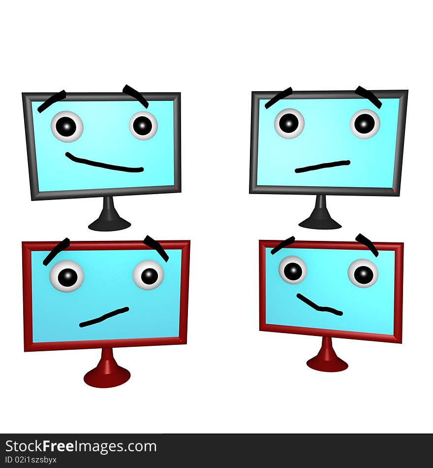 Fpur 3d Flatscreen Faces shwoing different emotions. Fpur 3d Flatscreen Faces shwoing different emotions