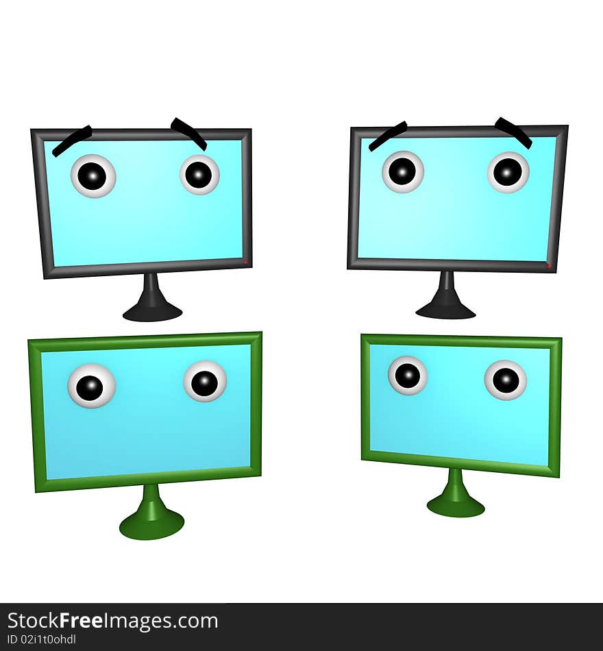 Four plain 3d Flatscreen Faces. Four plain 3d Flatscreen Faces