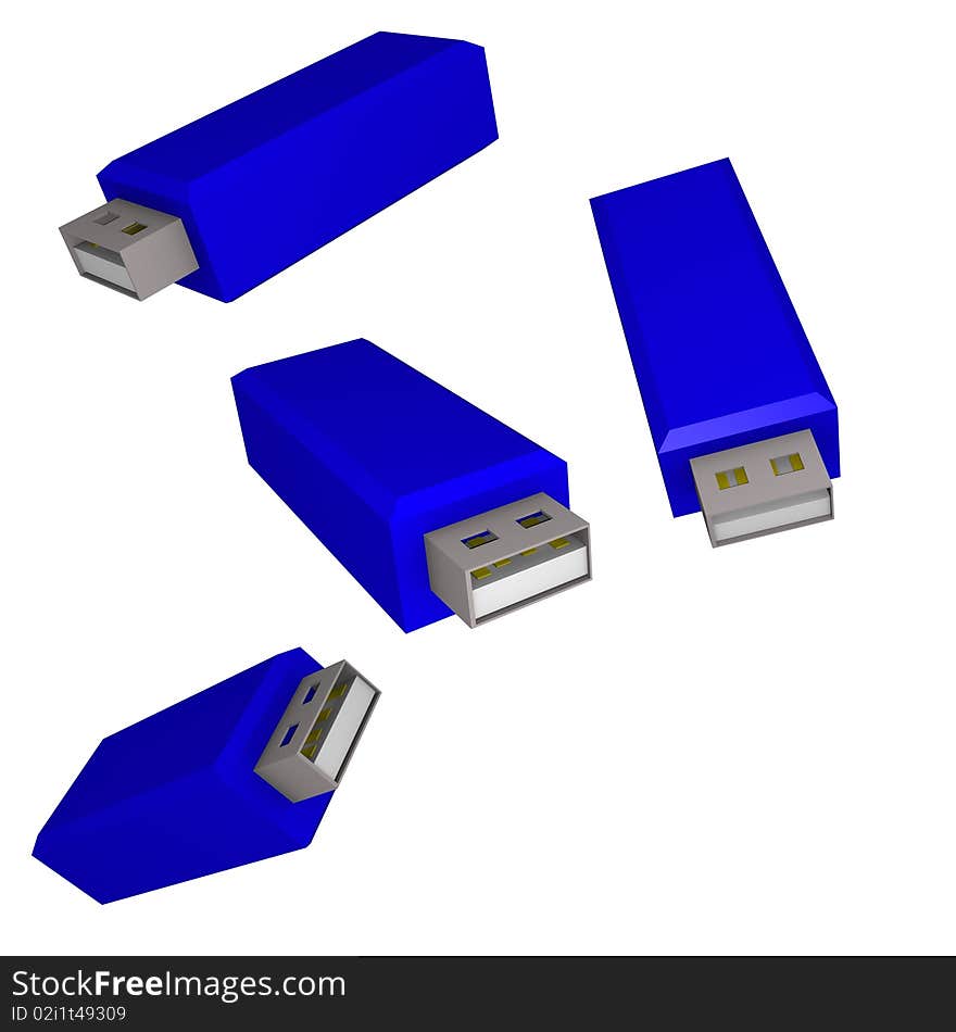 Four blue usb stick showing diffrent angles in 3d. Four blue usb stick showing diffrent angles in 3d