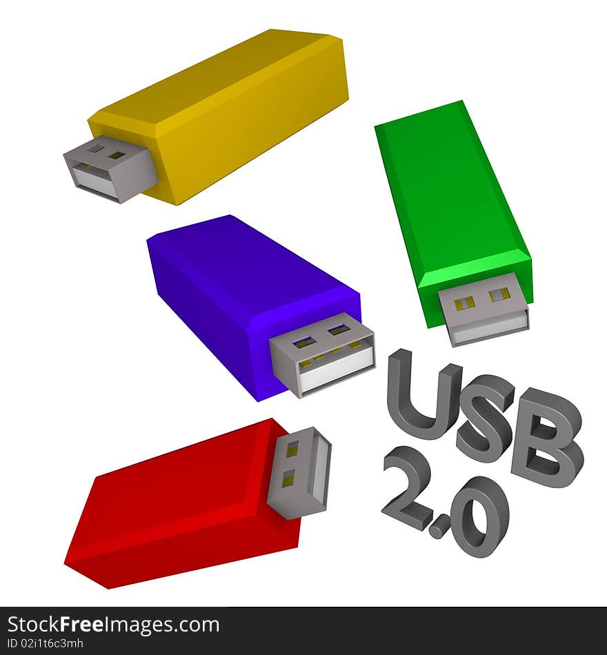 Four usb sticks showing from different angles and in different colors in 3d. Four usb sticks showing from different angles and in different colors in 3d