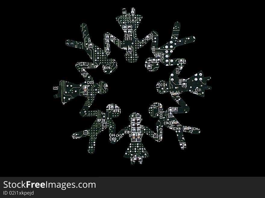 Paper cut outs of men and women overlayed with a circuit board pattern, isolated on black. Paper cut outs of men and women overlayed with a circuit board pattern, isolated on black