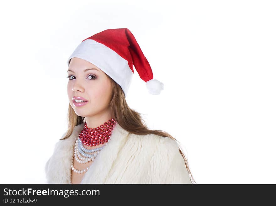 Young Beautiful Girl In Santa Claus Hat