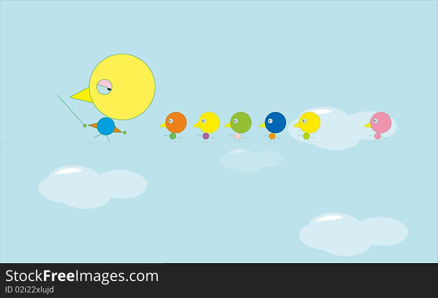 Enjoy colorful hand-painted cartoon birds flying. Enjoy colorful hand-painted cartoon birds flying