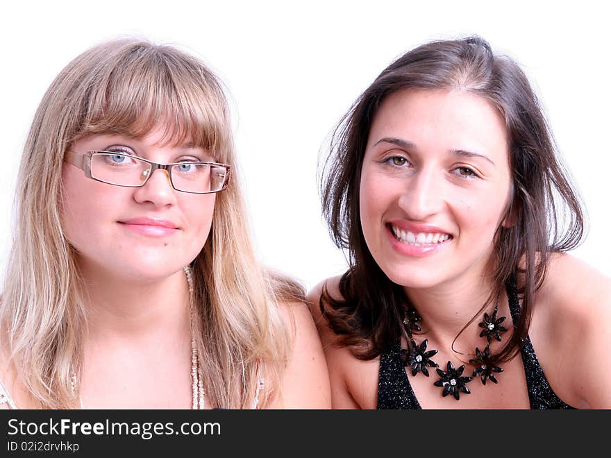 Happy young women friends smiling. Over white background