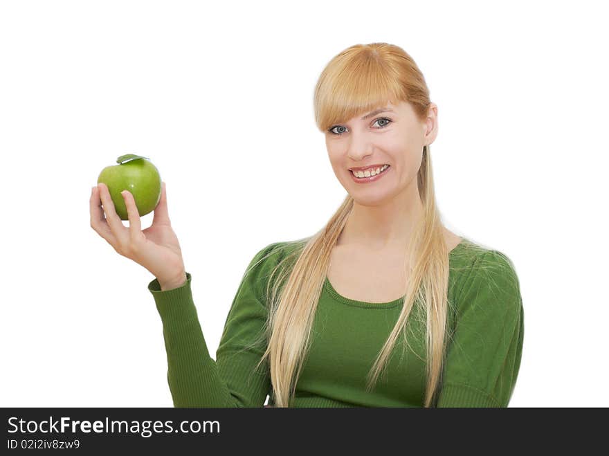 Green apple in a hand on white background. Green apple in a hand on white background