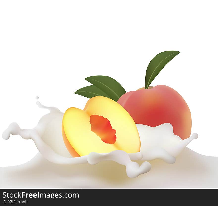 Peach Falling Into Splash Of Milk