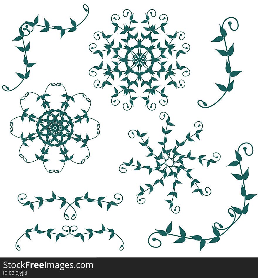 Set with leaf ornaments on white background