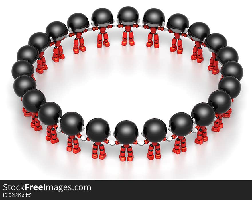 3D illustration of ID characters standing with arms upraised, forming a circle. 3D illustration of ID characters standing with arms upraised, forming a circle